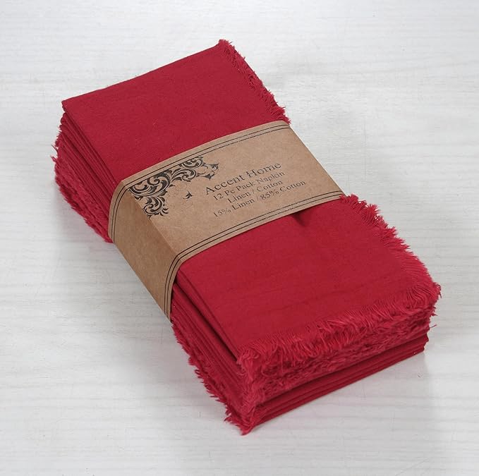 ACCENTHOME Red Cotton Linen Napkin Set of 12 18x18 inch Dinner Napkins - Washable Soft Premium Hotel Quality Reusable Napkins Perfect Table Napkins for Family Dinners, Weddings & Everyday Use