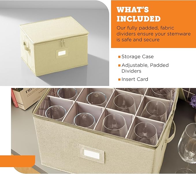 storageLAB Wine Glass Storage Containers, Hard Shell Organizer for Stemware and Glassware Sets, Stackable Wine Glass Storage Box with Dividers for Kitchen and Moving Supplies - 1 Pack, Cream