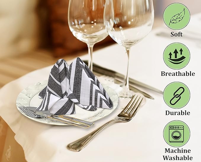 RUVANTI Cloth Napkins Set of 12 Cotton 100%, 20x20 Inches Napkins Cloth Washable, Soft, Absorbent. Cotton Napkins for Parties, Christmas, Thanksgiving, Weddings, Dinner Napkins Cloth - Grey Stripes