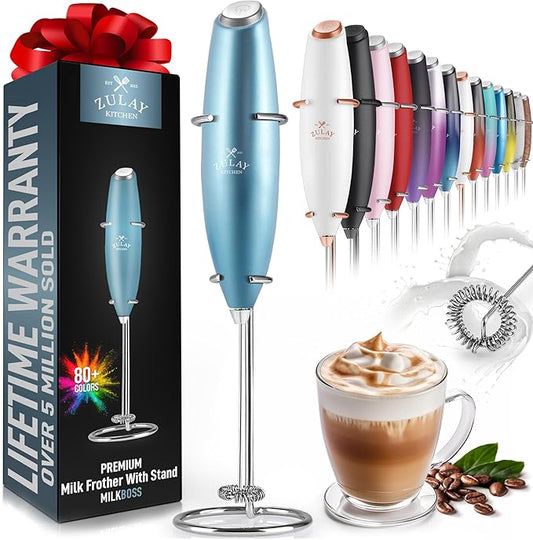 Zulay Kitchen Powerful Milk Frother Wand - Ultra Fast Handheld Drink Mixer - Electric Whisk Foam Maker for Coffee, Lattes, Cappuccino, Frappe, Matcha & Coffee Creamer - Milk Boss Metallic Ice Blue