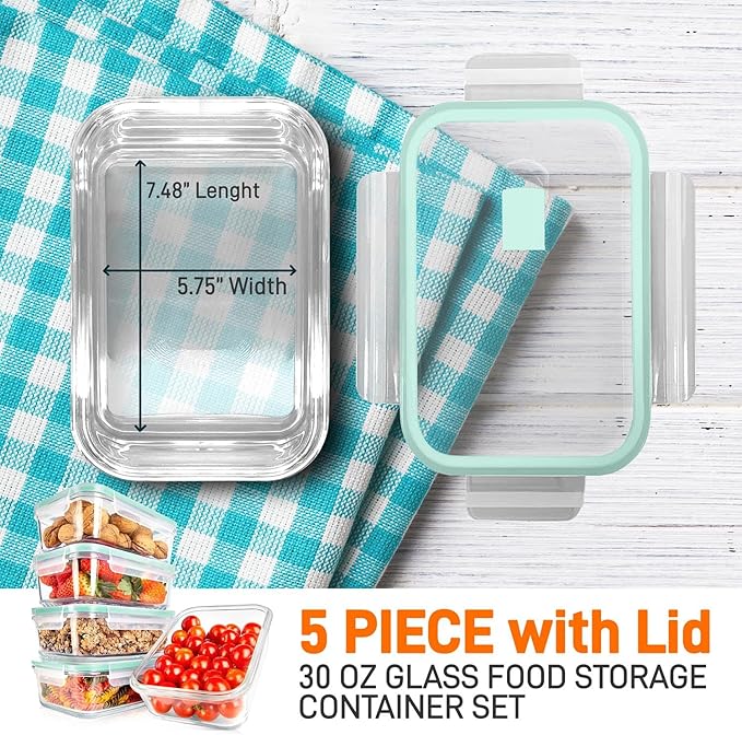 NutriChef 10-Piece Superior Glass Food Storage Containers Set (5 Containers + 5 Locking Lids),Stackable Meal-prep Design, BPA-free Airtight Clear Locking lids with Vent Lids & Air Hole, Green