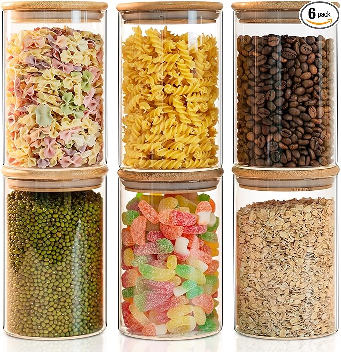 YUNCANG Glass Food Storage Jars 50oz [Set of 6],Clear Glass Food Storage Containers with Airtight Bamboo Lid Stackable Kitchen Canisters for Candy,Cookie,Rice,Sugar,Flour,Pasta
