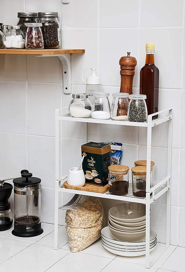 2pk Kitchen Cabinet Shelf Counter Organizer Rack Pantry Storage Bathroom Bedroom Office Table Desk Space Saving Steel Frame Stackable Rust Resistant Non Slip White-Tall- L13in W8.3in H9.5in