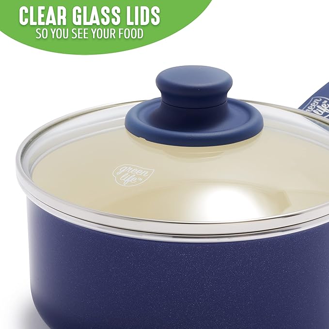 GreenLife Soft Grip 1QT and 2QT Saucepan Set, Healthy Ceramic Nonstick, Non Toxic PFAS & PFOA-Free, Dishwasher Safe, Glass Lids, Stay-Cool Handles, Easy Clean Cookware, Kitchen Essentials, Blue