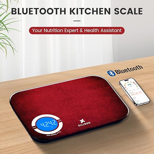 EILISON Smart Digital Food Kitchen Scale with Nutritional Calculator, On-Screen Nutrient Info, Free App for Calorie & Macro Tracking, Personal Goals, for Weight Loss and Keto, 5g-8kg Capacity (Red)
