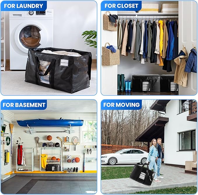 TAILI Extra Large Moving Bags, 4 Pack Black Heavy Duty Totes For Storage with Visible Window, Wrap Around Handles, Storage Bags for Space Saving, Alternative to Moving Boxes