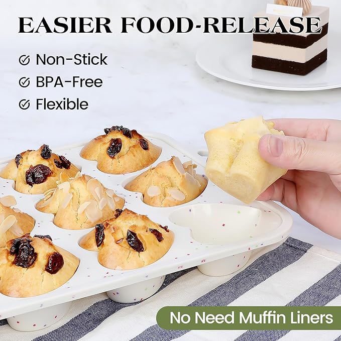 1 Pc Heart Shaped Muffin Pan with Metal Reinforced Frame 12 Cup Nonstick Silicone Heart Cake Mold for Baking 2.5 Inch Cupcake Tray (Cream)