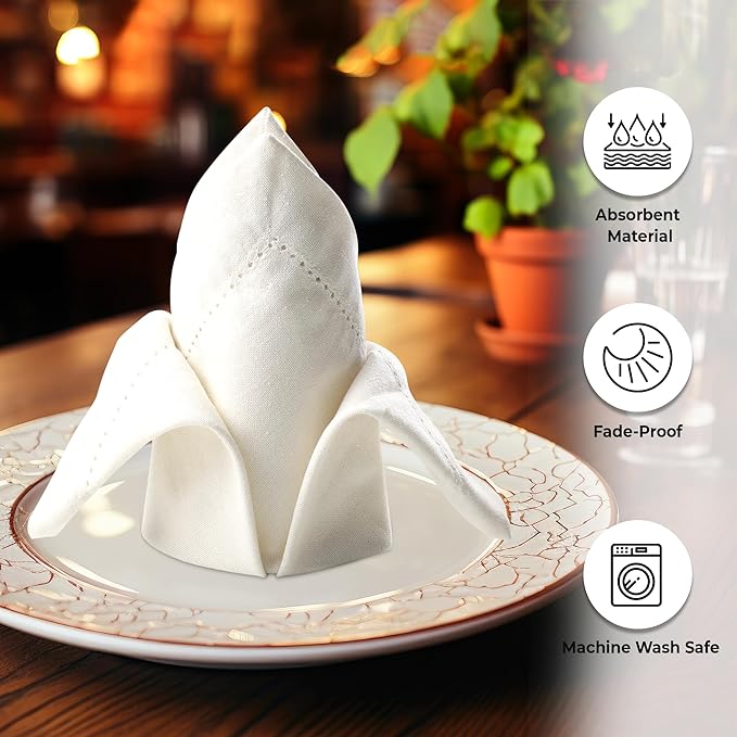 Urban Villa Cloth Napkins Ivory Hemstitch Dinner Napkins Set of 12 20X20 Inches 100% Cotton Absorbent Washable Durable Reusable Ideal for Farmhouse Party Thanksgiving Christmas Dinner Napkins