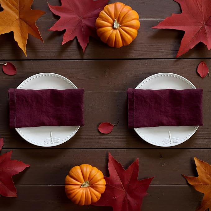 Hemstitched Linen Napkins – 20 Inch x 20 Inch – Stonewashed Pure Linen Cloth Dinner Napkins with Mitered Corners - 100% French Flax – Machine Washable - Set of 4 (Burgundy)