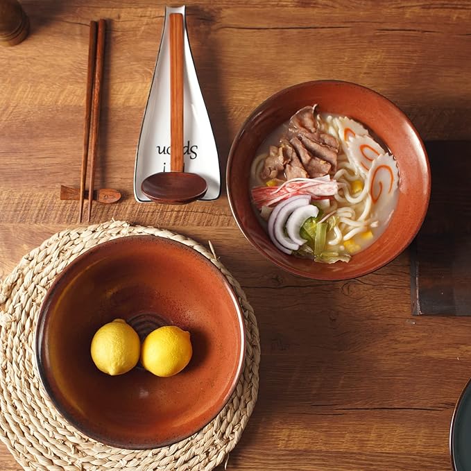 Ceramic Japanese Style Ramen Bowl Set with Chopsticks,8 inch 40 oz Pho Bowls & Asian Soup Bowl and Spoons Set for Udon Noodle,Soba,Miso Soup,Set of 2 (red)