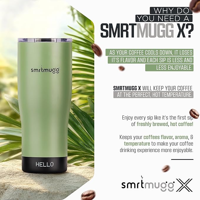 X Heated Coffee Mug 19 oz., 8 Hour Battery Life, Self-Heating, Adjustable Temp Controlled, LCD Screen, Includes Cover with Magnetic Slider (Black) (Sage Green)