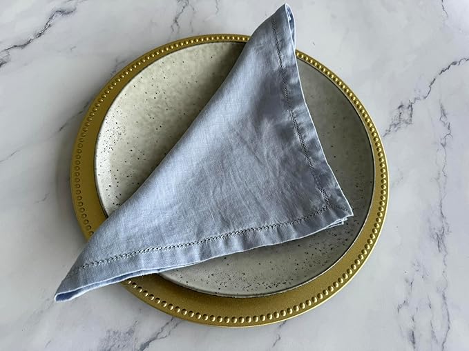 Hemstitched Linen Napkins – 20 Inch x 20 Inch – Stonewashed Pure Linen Cloth Dinner Napkins with Mitered Corners - 100% French Flax – Machine Washable - Set of 4 (Dusty Blue)