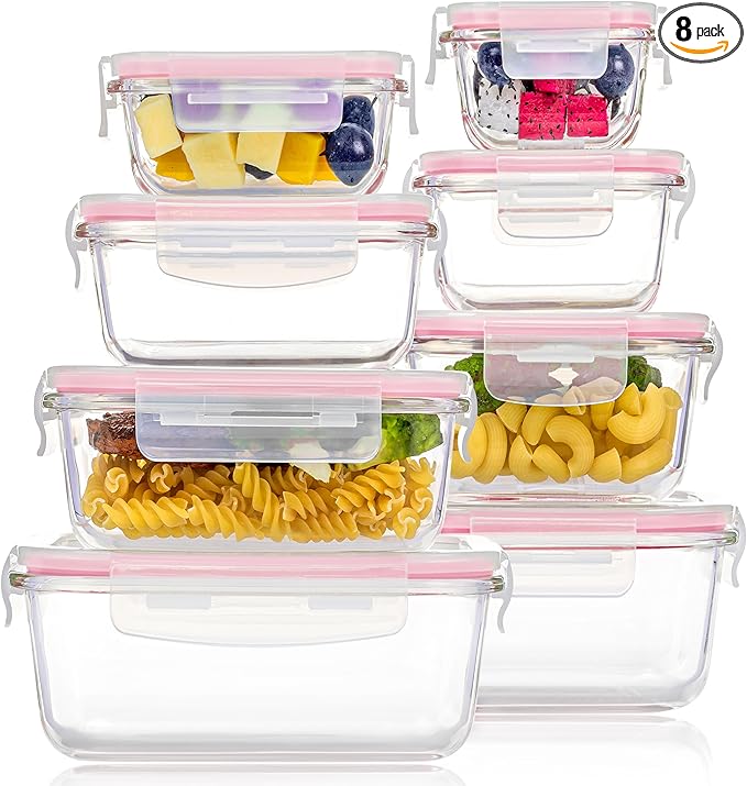 Vtopmart 8 Pack Glass Food Storage Containers with Airtight Lids, Glass Meal Prep Containers, Lunch Containers for Microwave, Oven, Freezer and Dishwasher, BPA Free