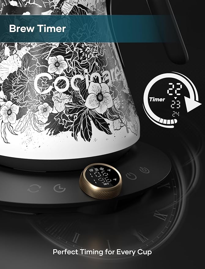 Cocinare FLOW M9 Gooseneck Electric Kettle with Precise ±1℉ Temperature Control for Pour-over Coffee and Tea, Stainless Steel Interior, Quick Heating Electric Kettle for Boiling Water (Blossom)