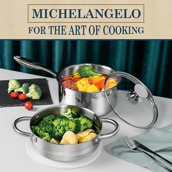 MICHELANGELO 3 Quart Saucepan with Lid & Steamer, Stainless Steel Sauce Pan with Triply Bottom, 3 QT Sauce Pot, Nonstick Saucepan Induction Compatible