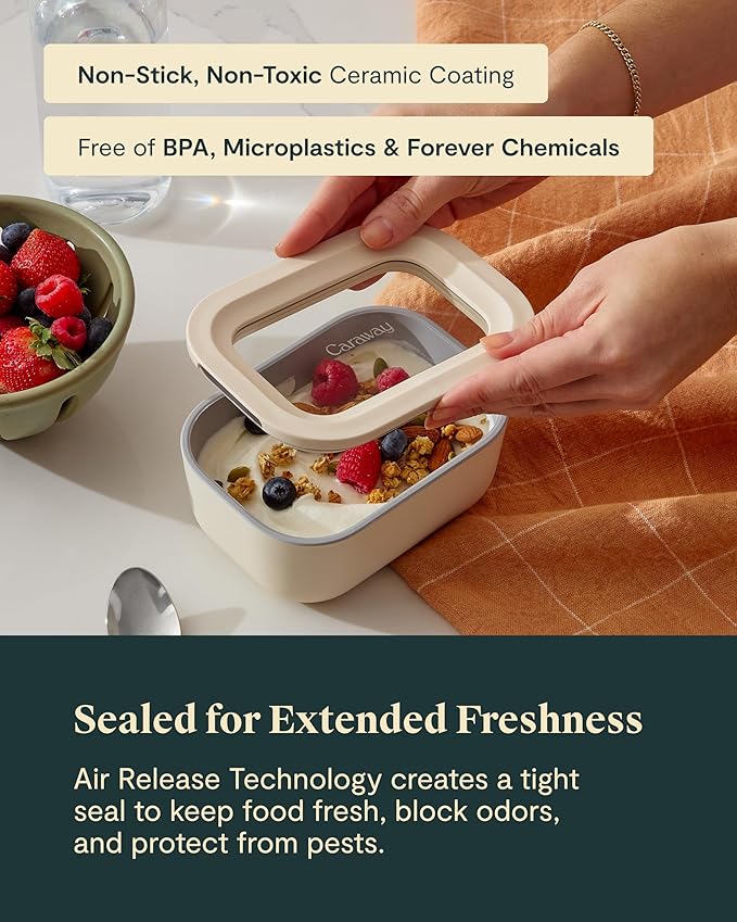 Caraway Mini Rectangle Food Storage Container - 2.6 Cup Glass Storage Container for Food - Non-Toxic Ceramic-Coated Glass - Air Release Technology - Compact & Stackable Design - Navy