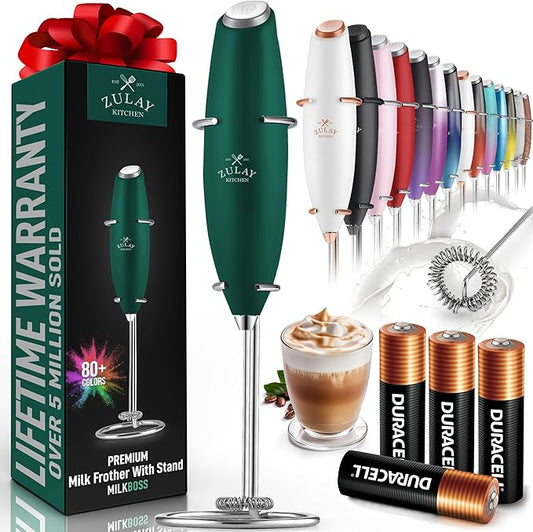 Zulay Kitchen Powerful Milk Frother Wand With 4 AA Duracell Batteries - Ultra Fast Handheld Drink Mixer - Electric Whisk Foam Maker for Coffee, Lattes, Cappuccino, Matcha & Creamer -