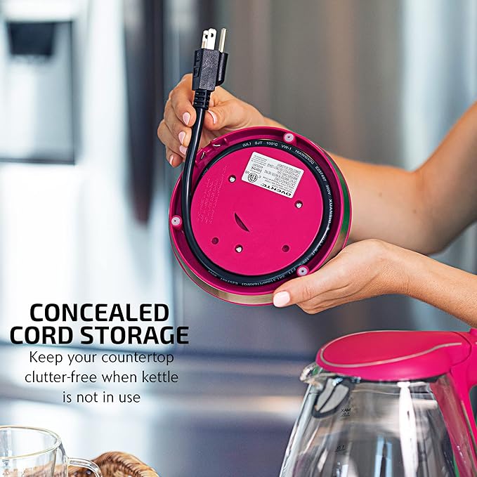 OVENTE Electric Kettle, 1.5L Borosilicate Glass Countertop Water Heater and Boiler for Coffee or Tea, BPA-Free, Auto Shut-Off, Boil-Dry Protection, Removable and Washable Spout Filter, Pink KG83F