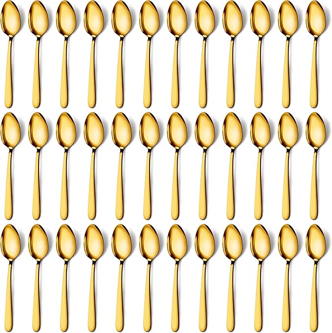 Pleafind 36Pcs Gold Dinner Spoons Set - 7.4 inch, Spoons Silverware, Stainless Steel Spoon, Mirror Polished Tablespoon, Gold Silverware Set for Home, Kitchen, Restaurant, Dishwasher Safe