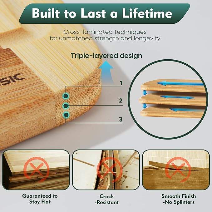 Bamboo Cutting Board Set 3 Packs with Non Slip Feet Holder and Over Sink Nice Solid Thick Durable Wood Cutting Boards for Kitchen Extra Large Big Small Vegetables and Fruits Kitchen Gifts