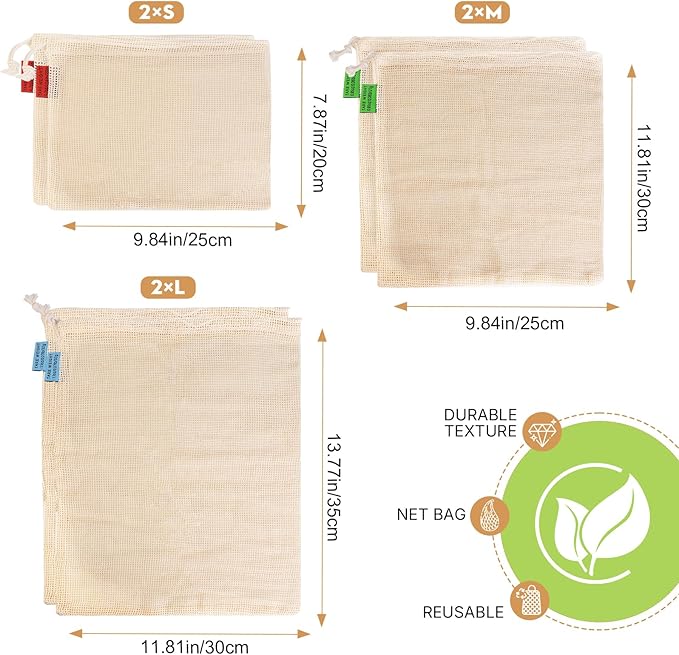 6 Pack Reusable Produce Bags - Cotton Mesh Produce Bags - Reusable Shopping Bags - Vegetable Grocery Cotton Mesh Bags for Farmers Market, Beach, and Refrigerator Storage Vegetables,2xS, 2xM, 2xL.