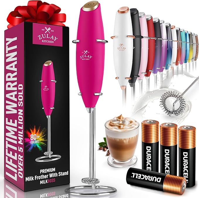 Zulay Kitchen Powerful Milk Frother Wand With 4 AA Duracell Batteries - Ultra Fast Handheld Drink Mixer - Electric Whisk Foam Maker for Coffee, Lattes, Cappuccino, Matcha & Creamer -