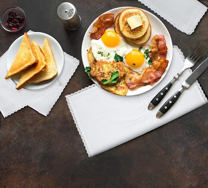 White Cloth Napkins Set of 12 Cotton - 18x18 Inch with Beautiful Lace Soft Elegant Decorative Washable Reusable Dinner Napkin for Dining Table Décor Wedding Party Thanksgiving Birtday and Everyday Use