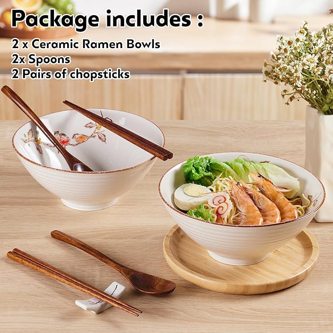 2 x 40 OZ ceramic ramen bowls, 8 IN large Japanese noodle soup bowl, match chopsticks and spoons, suitable for Pho, Udon Asian noodles (Flowers and birds 2 set)
