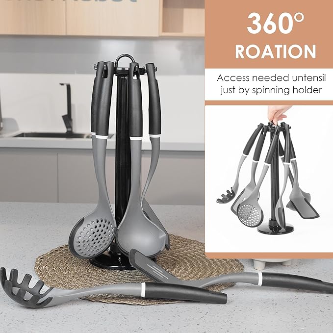 Kitchen Cooking Utensils Set, Non-Stick Spatula Set with Rotating Stand, 6 PCS Silicone Utensils Set for Cooking, 400°F Heat Resistant, Kitchen Gadgets with Nylon Handle & Stable Holder, Dark Grey