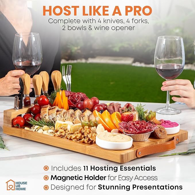 Bamboo Charcuterie Boards Gift Set with Leather Handles, Knife Set, Wine Opener, Ceramic Bowls & Forks, Recipe Book - House Warming Gifts New Home