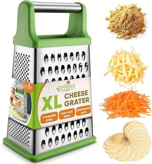 Spring Chef Green Professional Stainless Steel XL Parmesan Cheese Grater with Handle - 4 Sided Box Grater for Kitchen - Dishwasher Safe Food Shredder for Carrot, Potato, Vegetables, Ginger, Hash Brown