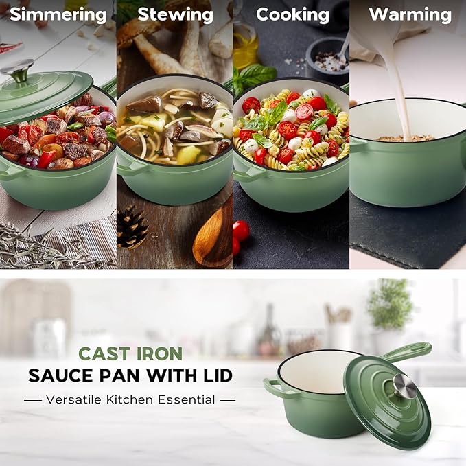 Onader 1QT Enameled Cast Iron Saucepan with Lid, Small Sauce Pan, Enamel Cast Iron Dutch Oven Cooking Kitchen Pot, Nonstick & Heavy Duty – Pistachio Green