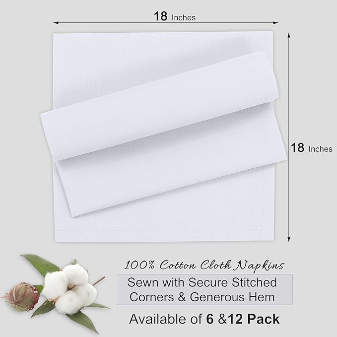 Ruvanti Cloth Napkins Set of 12, 18x18 Inches, 100% Cotton, Washable, Soft & Absorbent, Perfect for Wedding, Christmas, ‎Thanksgiving Dinners - White