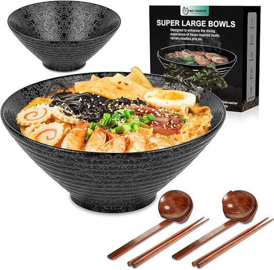NJCHARMS Ceramic Ramen Bowl Set of 2, 60 oz Japanese Noodle Soup Bowls with Spoons and Chopsticks for Ramen Soup Pho Udon Asian Noodles, Large Noodle Bowls