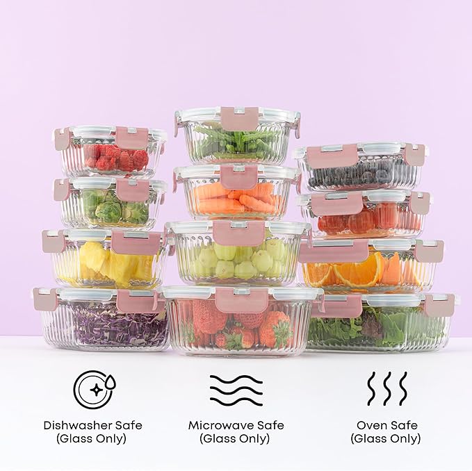 JoyJolt 24pc Borosilicate Glass Storage Containers with Lids | 12 Airtight/Freezer Safe Food Storage Containers for Pantry and Kitchen | Meal Prep Container for Lunch | Glass Tupperware Set
