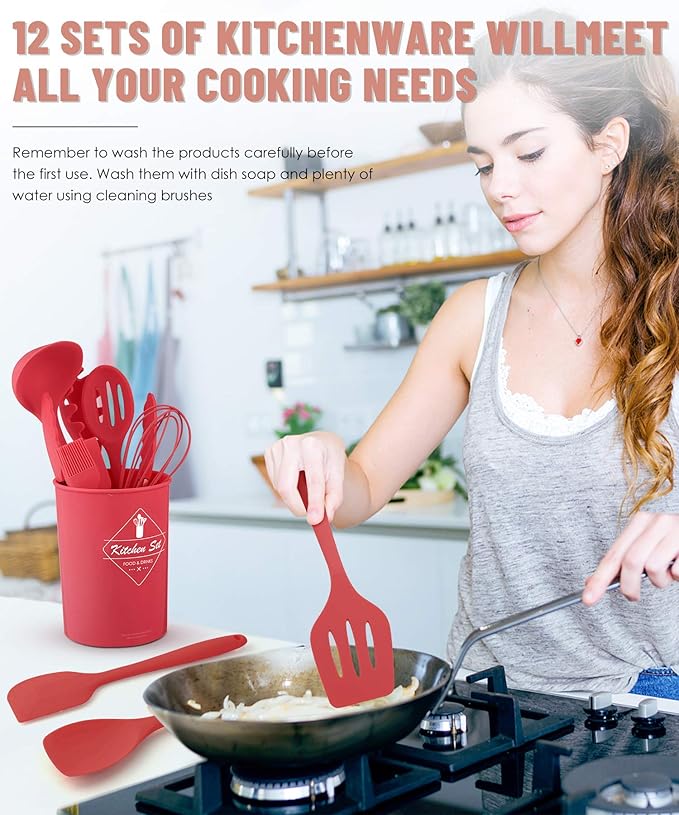 Kitchen Utensils Set-12 Pieces Silicone Cooking Utensils Set (Dishwasher Safe) 392°F Heat Resistant Spatula Set, Nonstick Cookware