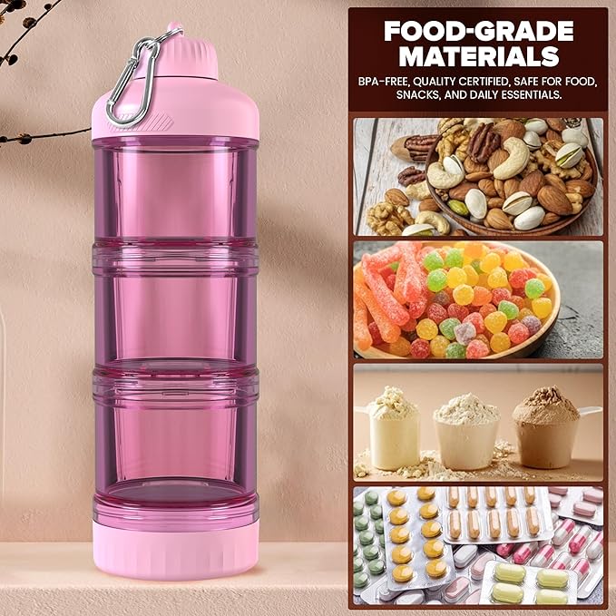 BYLWORKOUT 3-Layer Protein Powder Travel Container with Funnel and Keychain | Portable Food Storage Organizer for Gym, Fitness, Kitchen, Camping, Hiking, and Travel (Pink)