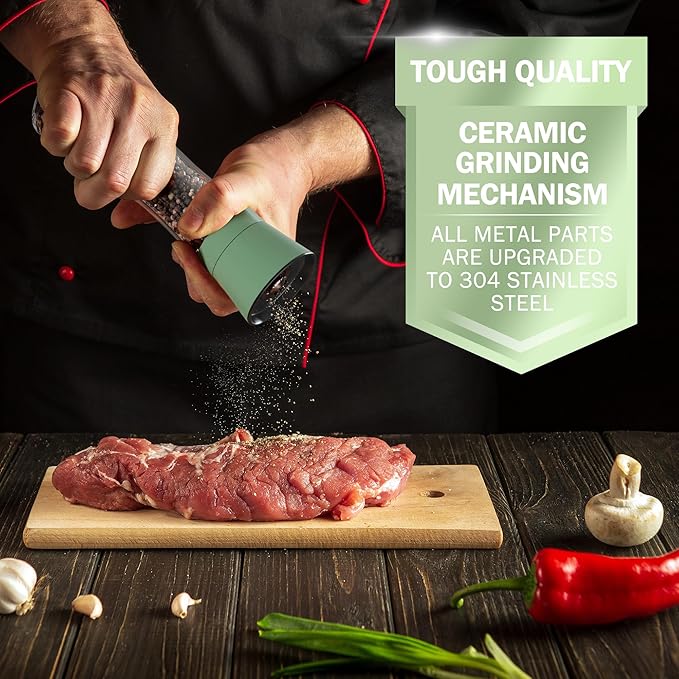 Home EC Premium Green Sea Salt and Pepper Grinder Set of 2 - Adjustable Ceramic - Tall Glass Salt and Pepper Shakers - Kitchen Pepper Mill & Salt Mill W/Funnel & EBook