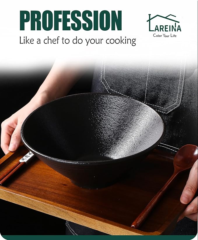 Lareina Ceramic Japanese Ramen Bowls, 2 Sets (6 Piece) 60 Ounce, Large Noodle Soup Bowl with Matching Chopsticks and Spoons for Asian Pho Udon Soba, Matting Black