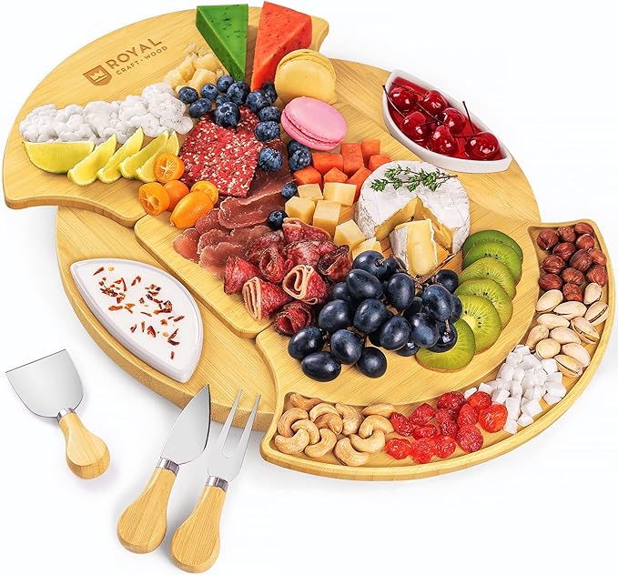 ROYAL CRAFT WOOD Large Round Cheese Board and Knife Set - Charcuterie Board, Bamboo Cheese Board Set, Cheese Tray Set, Wooden Cheese Plate Set 13.7 Inch