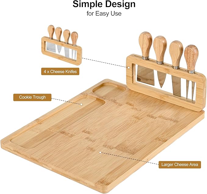 Bamboo Cheese Board and Knife Set - 14” x 11” Large Charcuterie Boards Set, Cheese Tray Platter Servers with Clasp Knife Holder, Gift for Anniversary, Housewarming, Christmas, Thanksgiving