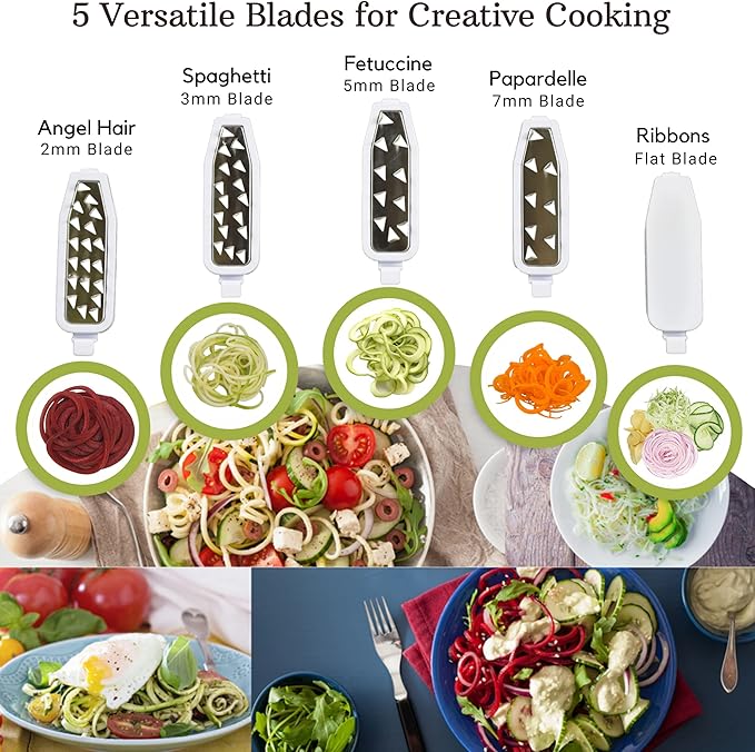 Brieftons QuickFold 5-Blade Spiralizer: Versatile & Compact Foldable Vegetable Spiral Slicer, Best Veggie Pasta Spaghetti Maker for Low Carb/Paleo/Gluten-Free with Brush & 4 Recipe Ebooks