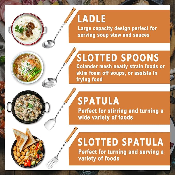 Pleafind 4-Pcs Cooking Utensils Set, Stainless Steel Kitchen Utensils with Wooden Hanlde, Kitchen Essentials Set Include Wok Ladle, Slotted Spoon, Wok Spatula and Slotted Spatula, Dishwasher Safe