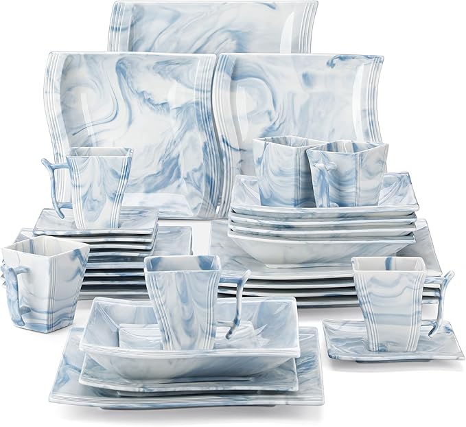 MALACASA Dinnerware Sets for 6, 30 Piece Porcelain Plates and Bowls Sets, Square Dish Set with Dinner Plate and Bowl, Cup and Saucer, Blue Dishes Dinnerware Set, Modern Dishware Sets, Series Flora