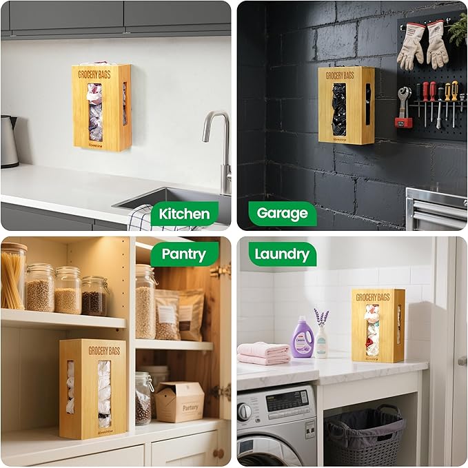 Extra Large Bamboo Grocery Bag Holder & Plastic Bag Organizer, Under Sink Cabinet or Wall Mounted Storage, Space-Saving Dispenser for Kitchen, Pantry, Garage, Laundry Room