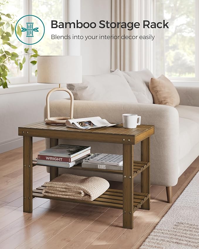 SONGMICS Shoe Rack Bench, 3-Tier Bamboo Shoe Storage Organizer, Entryway Bench, Holds Up to 286 lb, 11.3 x 27.6 x 17.8 Inches, for Entryway Bathroom Bedroom, Yellow Brown ULBS04WL