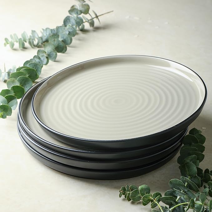 Stone Lain Elica Stoneware 12-Piece Dinnerware, Plates and Bowls Sets, Service for 4, Beige and Black, Modern Dishware, Microwave & Dishwasher Safe