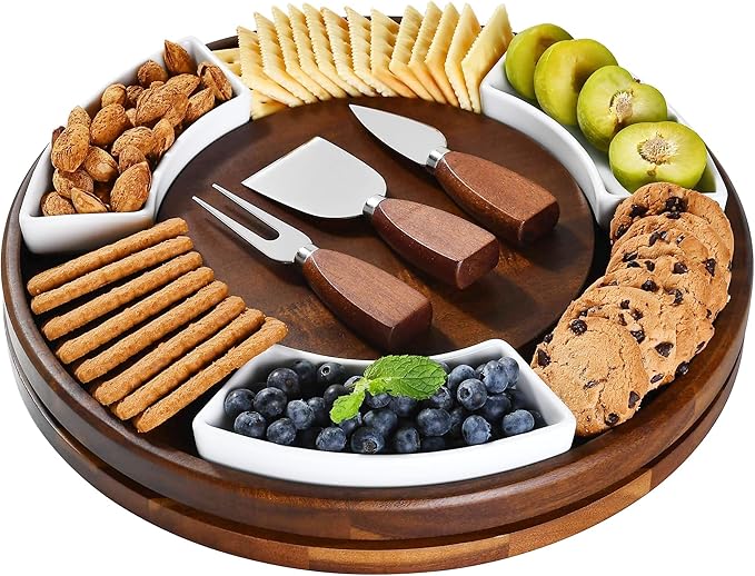 Shanik Acacia Wood Lazy Susan Cheese Board Set – Rotating Charcuterie Platter, Elegant Serving Tray for Appetizers, Snacks, Parties & Weddings