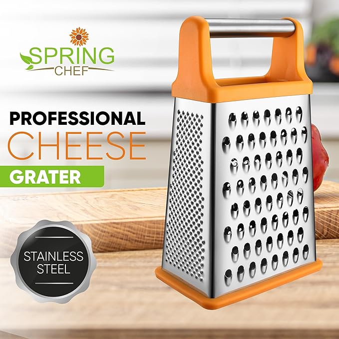 Spring Chef Handheld Stainless Steel XL Parmesan Cheese Grater with Handle - 4 Sided Manual Box Grater for Kitchen - Dishwasher Safe Cheese Shredder for Carrot, Potato, Vegetables, Hash Brown - Mango