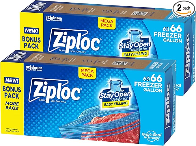 Ziploc Gallon Food Storage Freezer Bags, Stay Open Design, Easy to Fill, 66 count, 2 Pack, 132 Total